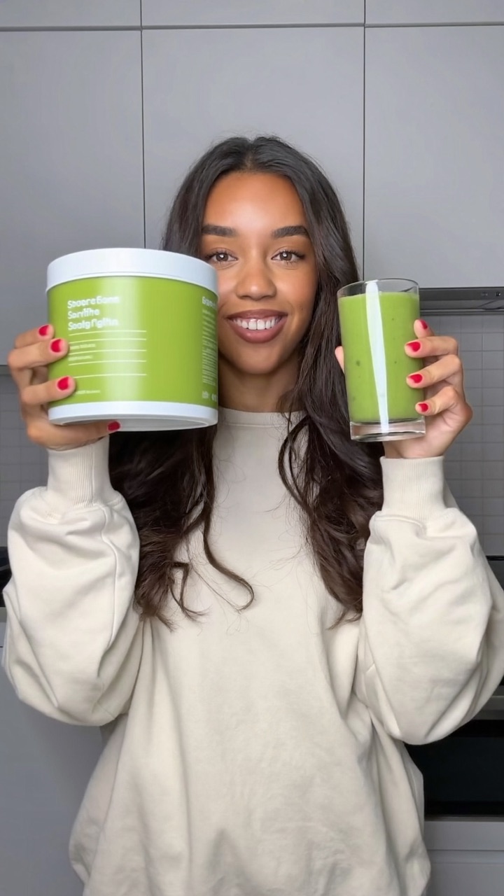 UGC creator showing a greens supplement for TikTok Shop